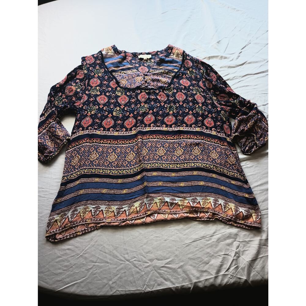 Lucy Laurel Womens 1X Blue Boho‎ Floral Print Short Sleeve Blouse